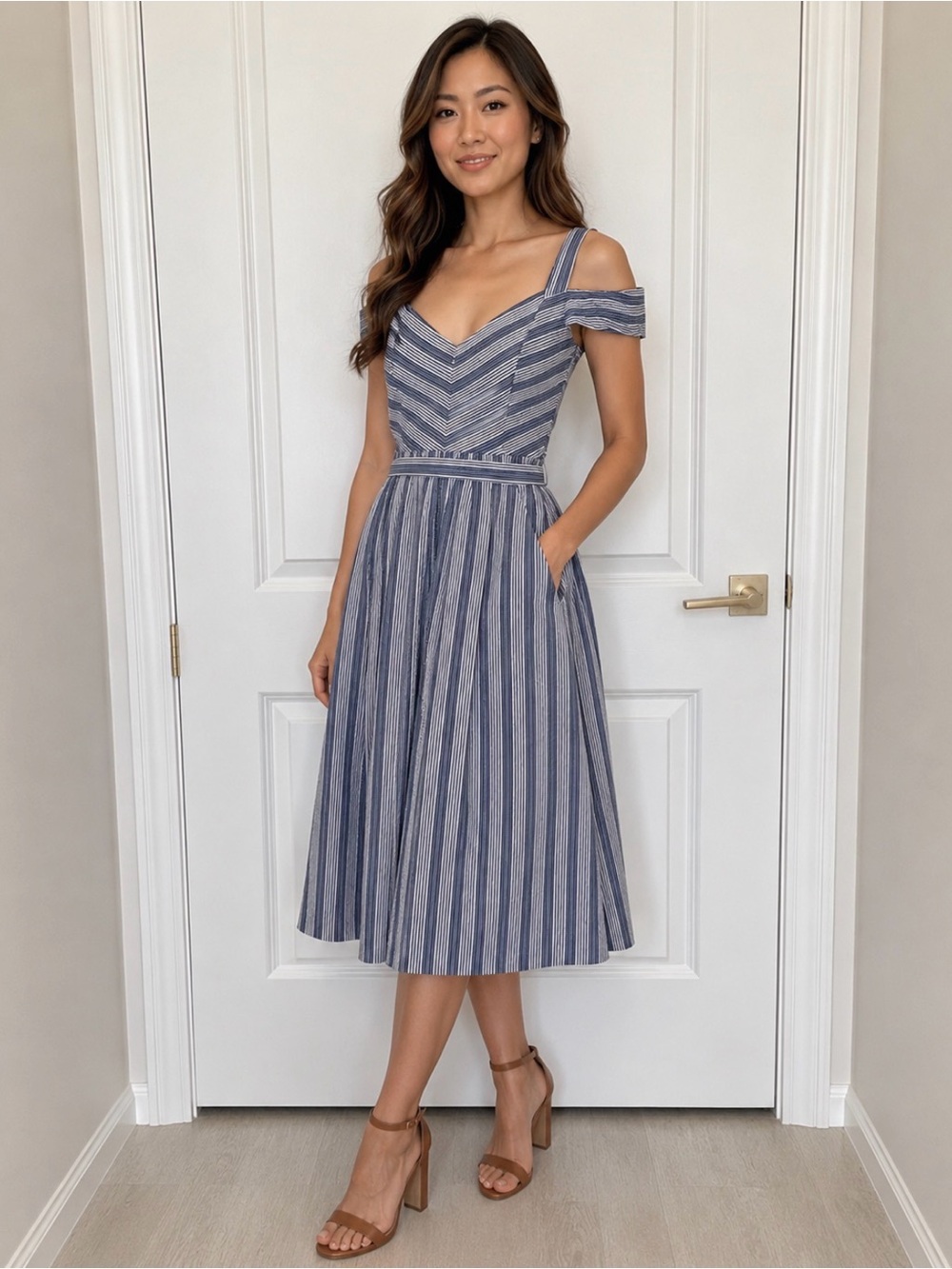 White House Black Market Blue and White Striped Off-Shoulder Midi Dress